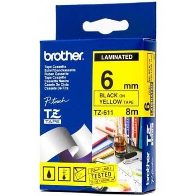 Brother TZ-611 P-touch 6mm BLACK ON YELLOW OEM:TZE611